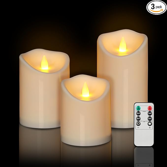 Outdoor Indoor Flameless Candles, Patented 3D Dual-LED, Set of 3 Slanted Top Durable Plastic Pillars with Remote, Table Centerpiece for Living Room Shelf, Non-Melting Battery Candles (Ivory)