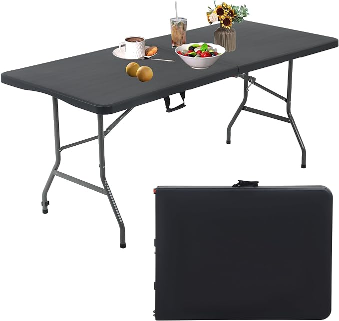 Black Folding Tables 6Ft Outdoor Dining Table, Portable Fold Up Lightweight Foldable Desk, 6 Foot Folding Desk Picnic Table Party Tables Camping Table, Plastic Beach Table Patio Outdoor Furniture