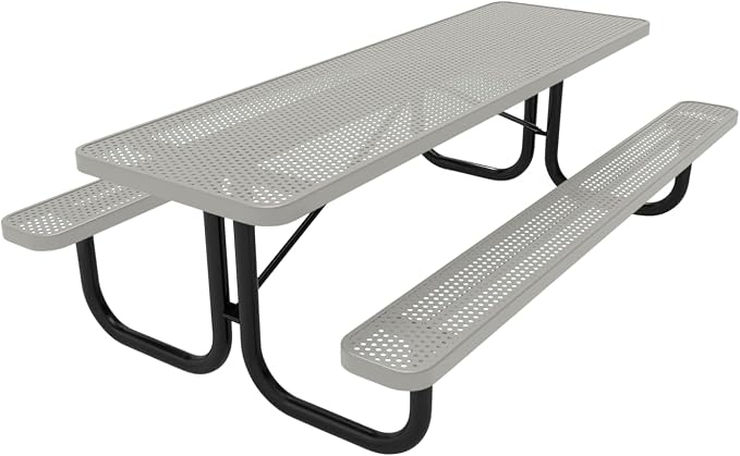 COATEDOUTDOORFURNITURE Heavy-Duty Portable Outdoor Picnic Table, Thermoplastic Coated Punched Steel Commercial-Grade Patio Dining Furniture Made in America (8ft Rectangular, Grey)