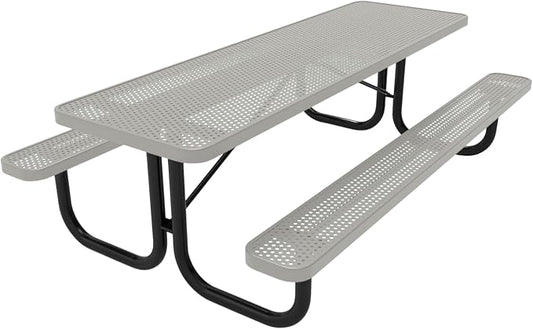 COATEDOUTDOORFURNITURE Heavy-Duty Portable Outdoor Picnic Table, Thermoplastic Coated Punched Steel Commercial-Grade Patio Dining Furniture Made in America (8ft Rectangular, Grey)
