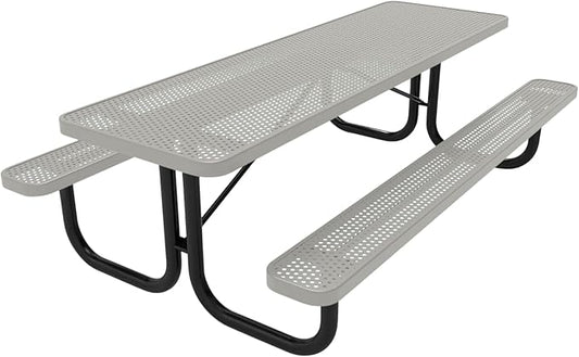 COATEDOUTDOORFURNITURE Heavy-Duty Portable Outdoor Picnic Table, Thermoplastic Coated Punched Steel Commercial-Grade Patio Dining Furniture Made in America (8ft Rectangular, Textured Grey)