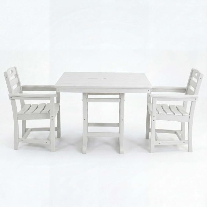 WILLIAMSPACE 37.8" Outdoor Patio Dining Set with 2 Armchairs, All Weather HDPE Square Dining Table with Umbrella Hole, Patio 3-Piece Bistro Set for Backyard, Balcony, Lawn, Kitchen (White)