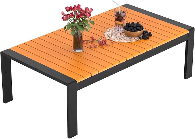 Aluminum Outdoor Patio Coffee Table for for Deck, and Poolside (Black, Dark Teak)