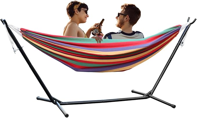 hatleues Hammock with Stand for Outside- 2 Person Portable Hammock with Space Saving Carrying Case,Easy Assembly,440lbs Weight Capacity, for Camping Garden Backyard Patio (Red)