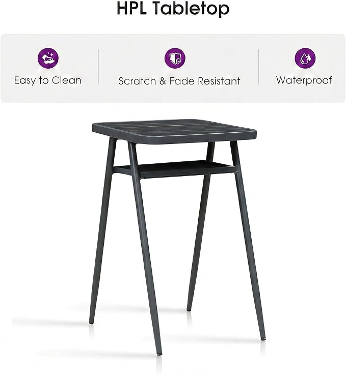 PURPLE LEAF Outdoor Patio Height Table with Shelve Counter Pub Dining Table for Balcony Patio Dark Grey