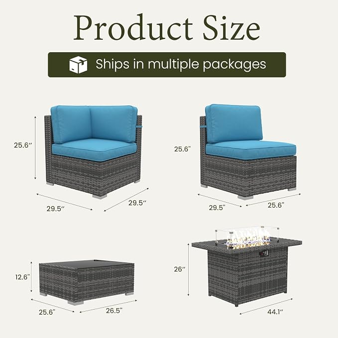 LayinSun 8 Piece Patio Furniture Set with Fire Pit Table, Outdoor Conversation Sets Wicker Rattan Sectional Sofa with Coffee Table