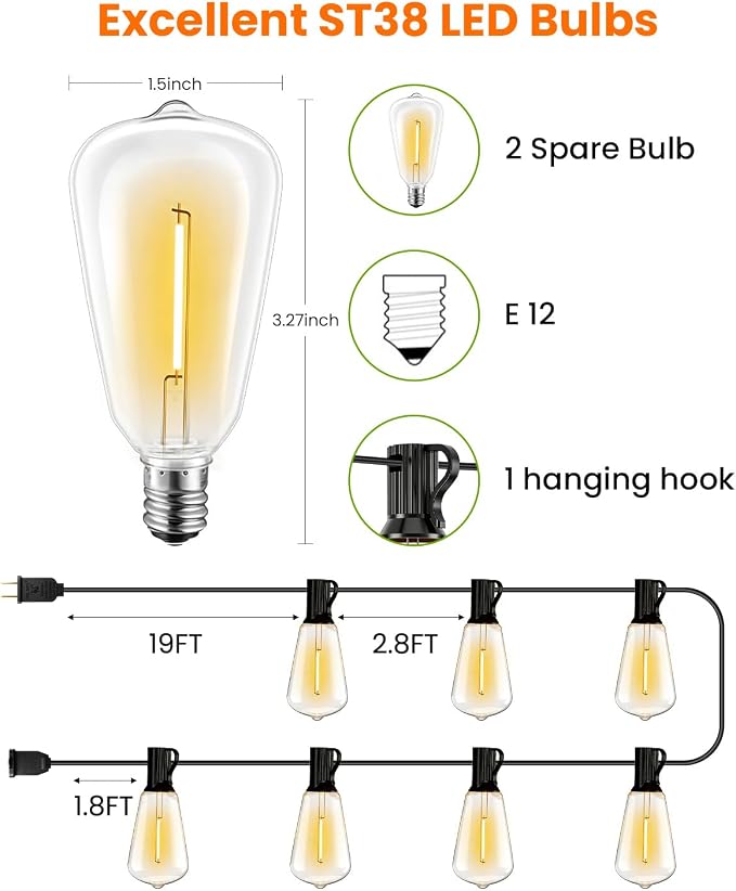 VOLIVO 200FT Outdoor String Lights for Patio, Waterproof Hanging Lights | 65+2 Shatterproof ST38 Edison Bulbs, Dimmable & Connectable Outside String Light for Backyard, Deck, Porch, Balcony