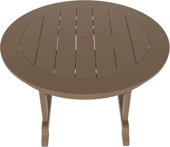 WestinTrends Malibu Patio Dining Table, All Weather Poly Lumber Adirondack 47" Trestle Round Outdoor Table with Umbrella Hole, Weathered Wood