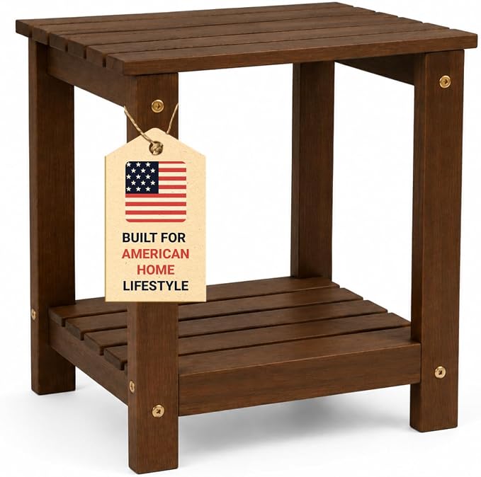 Premium 2-Tier Eucalyptus Wood Side Table with Slatted Storage Shelf, 13" x 16" x 17.5", Wooden Accent Table for Living Room, Entryway or Bedside (Brown)