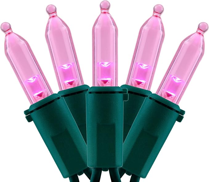 YULETIME 200 Pink LED Christmas Lights, 66 ft Green Wire UL String Light | Stay Lit, End-to-End Connectable, UL Certified, Commercial Grade, 1-Strand 200 Lights, 4" Spacing