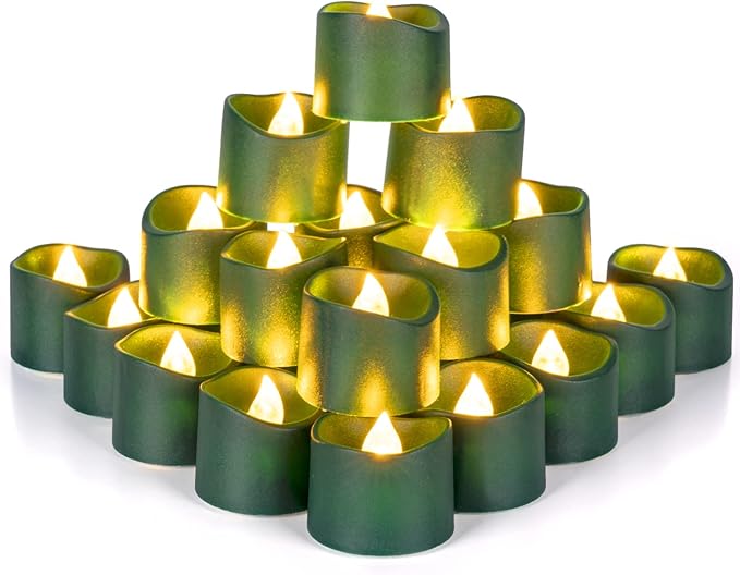 Homemory Green Tea Lights Candles Battery Operated, 200+Hour Flameless Flickering Fake Electric LED Colored Tealights for St. Patrick's Day, Christmas, Theme Party, Seasonal Celebrations, 12-Pack