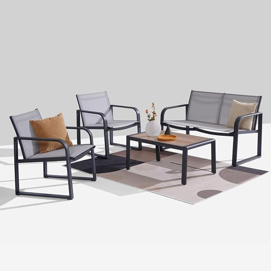Aluminum Outdoor Patio Conversation Set, 4 Pieces Patio Furniture Sets with Breathable Textilene with Loveseat,Table and Chairs for Yard,Balcony,Grey