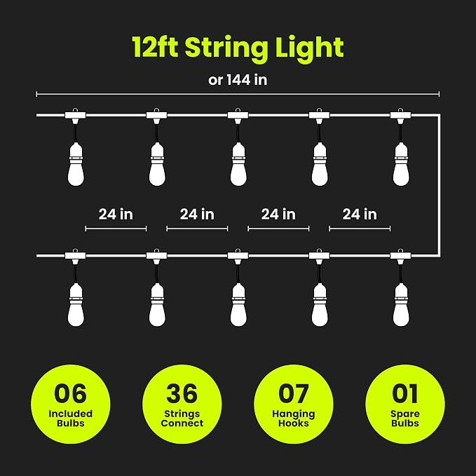 Feit Electric LED String Lights with Flame Bulbs Effect, 12ft Commercial Grade and Shatter Resistant String Lights, 6 Sockets, Linkable, 15,000-Hour Lifetime, SL12-6/FLAME, 7 Bulbs Included