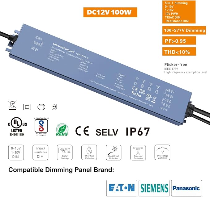 12VDC 100W UL-Listed 0-10V&TRIAC Dimmable Waterproof IP67 Thinner Power Supply 110V to 12V Low Voltage Transformer for IP68 LED Strip Lights,Outdoor LED Pool Underwater, Wash Wall, Fountain Lights