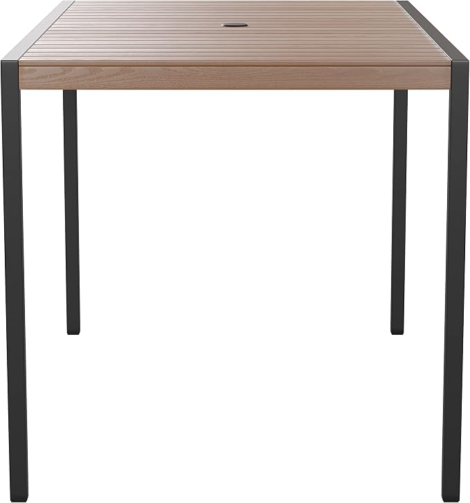 EMMA + OLIVER Outdoor Steel Dining Table with Umbrella Hole - Faux Teak Poly Slatted Top - Black Frame - 30x48 Table Seats up to 4 Adults