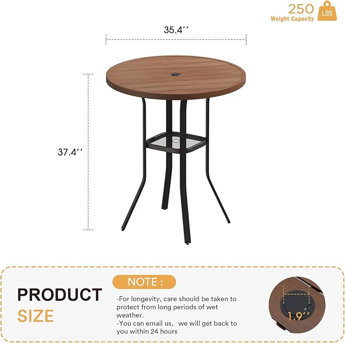 VICLLAX 35.5" Round Outdoor Bar Table, Bar Height Patio Table with Adjustable Umbrella Hole for Balcony, Walnut Wood-Like
