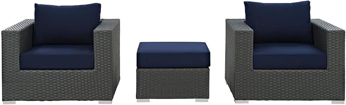 Modway Sojourn Wicker Rattan 3 Piece Outdoor Patio Sunbrella Sectional Set in Canvas Navy
