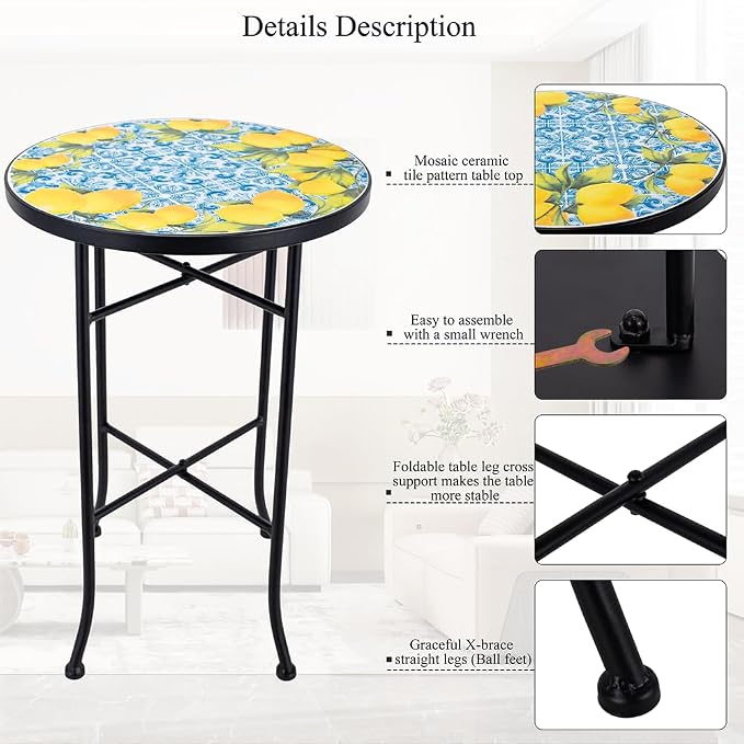 14 Inch Mosaic Patio Side Table with X-Straight Legs, Indoor Outdoor Accent Round End Table with Ceramic Tile Tops for Yard, Garden, Living Room, Bistro, A - Lemon & Blue Tile