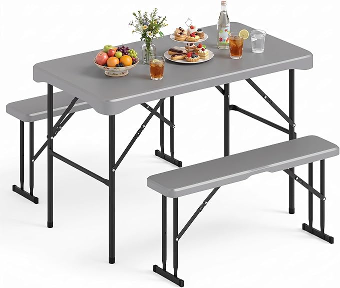 Giantex Folding Picnic Table Set w/ 2 Benches, 44" HDPE, Gray | Foldable Table & Chairs, All Weather Resistant, Space-Saving & Portable for Camping Party Dining BBQ, Large Weight Capacity