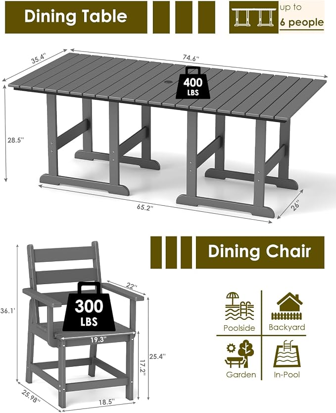 GREENVINES 5-Piece-Outdoor-Table-and-Chairs | HDPE | Patio Furniture | Slatted Dining Sets for 4 | Removable Armrests | Connectable Tables | All Weather | for Backyard Poolside Garden | Grey