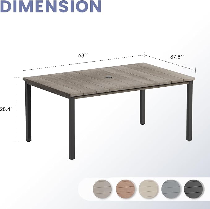 VICLLAX Outdoor Table for 6, Metal Patio Dining Table with Umbrella Hole for Garden Lawn Deck Backyard, Antique Grey Tabletop