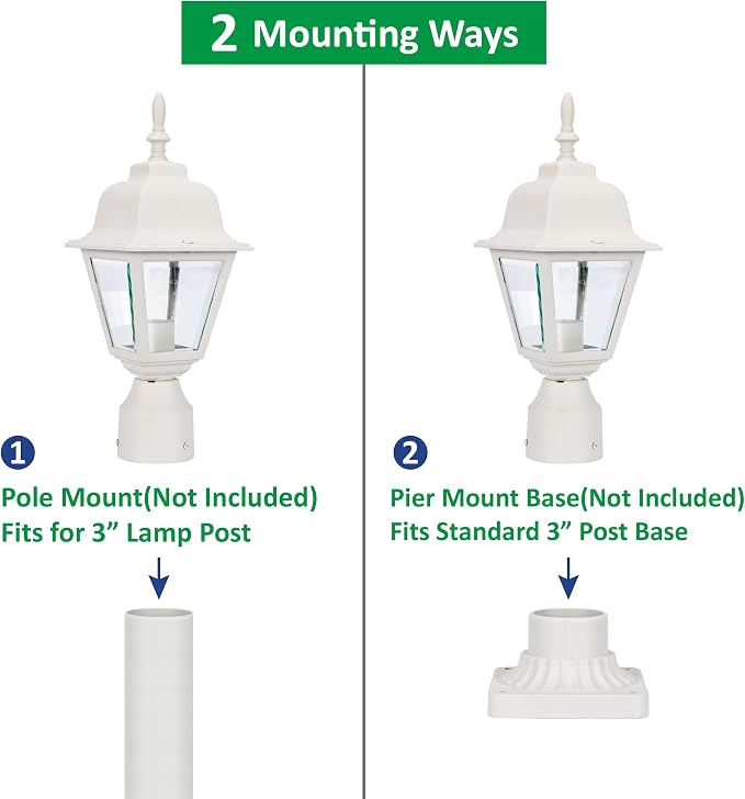 Outdoor Post Light, Rustproof Aluminum Pole Lamp, White | Exterior Lamp Post Light Fixture for Garden, Yard, Pathway, Waterproof, Glass, E26 Base, Max 60W, 2 Pack
