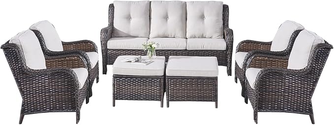 Rilyson Wicker Patio Furniture Set - 7 Piece Rattan Outdoor Sectional Conversation Sets with 1 Sofa,4 Armrest Chairs and 2 Ottomans for Porch Deck Garden(Brown/Beige)