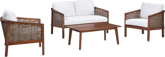 Teamson Home 4-Piece Outdoor Patio Furniture Set, Brown | Cushions Included, Acacia Wood Frame, Wicker Accent, Weather-Resistant, Sofa, Chairs & Coffee Table