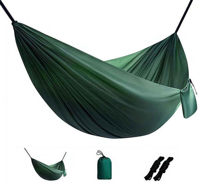 Camping Hammock Lightweight Portable Double Swing with 2 Tree Straps, Heavy Duty Parachute Nylon Bed for Backpacking Hiking Beach, Outdoor Essentials for Backyard Patio Camping Gear (Forest Green)