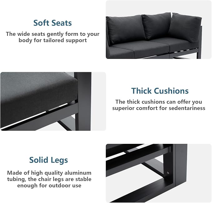 5 Pieces Patio Furniture Set Outdoor Aluminum Sectional Sofa Couch All-Weather Conversation Set with Upgraded Dark Grey Cushions