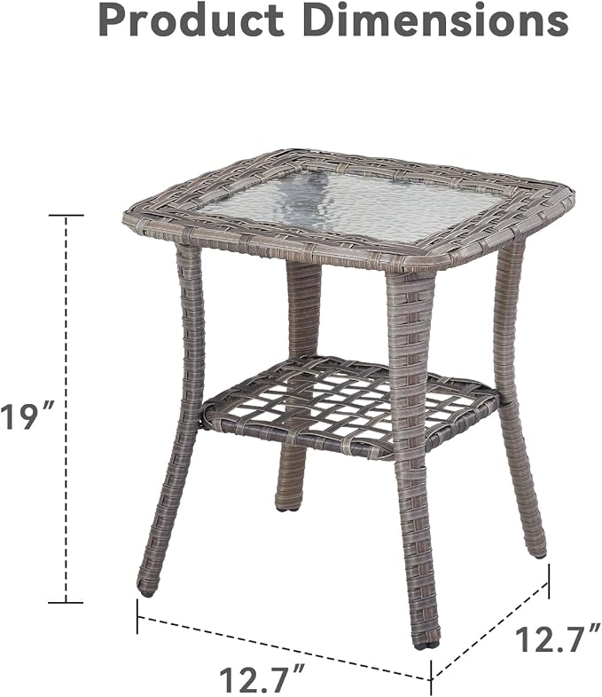 Outdoor Side Table with Storage Wicker Patio Side Table, Tempered Glass Top End Table for Balcony Porch Deck(Gray)