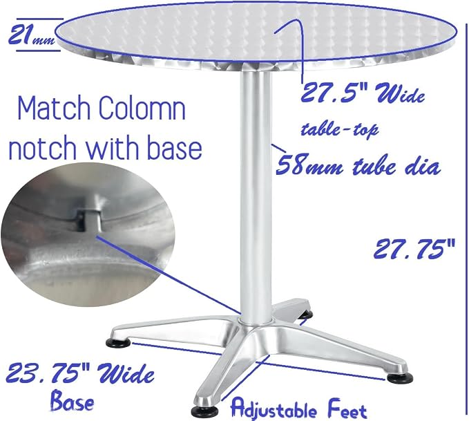 BTEXPERT Set of 2, Indoor Outdoor 27.5" Round Restaurant Table for Patio Stainless Steel Silver Aluminum Furniture with Base
