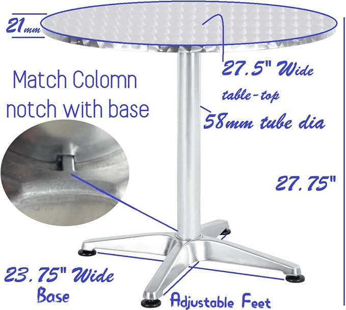BTEXPERT Indoor Outdoor Restaurant Stainless Steel Aluminum Metal Slat Stack Lightweight, 4 Chairs with a 27.5" Round Table, Silver/Black