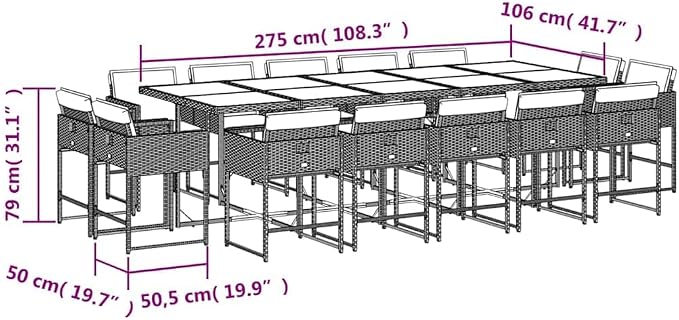 15 Piece Patio Dining Set with Cushions Black Poly Rattan Outdoor Furniture Set for 14 People, Foldable Chairs with Removable Cushion Covers, Tempered Glass Table for Garden Dining and Relaxation