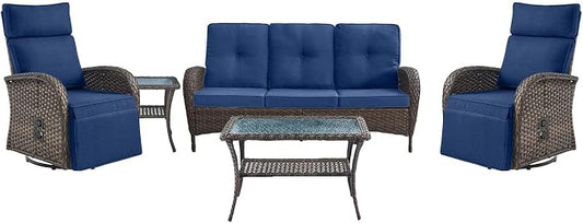 Belord 5 Piece Patio Furniture Set with Swivel Recliner Chair - Patio Outdoor Couch Set, Chaise Lounge Chair Outdoor with Adjustable Backrest and Footrest and Coffee Table for Casual Gathering