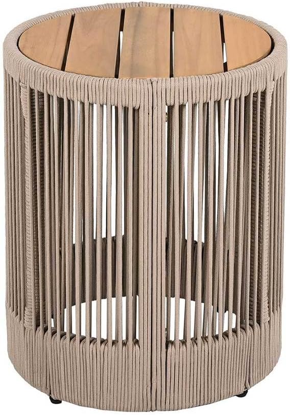 Outdoor Patio Side Table, Hand-Woven Rattan Rope End Table, Compact Outdoor Acacia Wood Round Coffee Table for Porch, Yard, Balcony, Garden,Beige