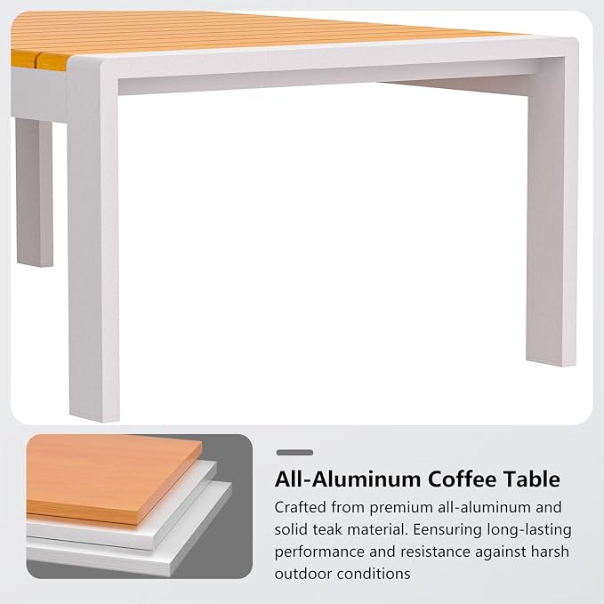 Aluminum Outdoor Patio Coffee Table for for Deck, and Poolside (White, Dark Teak)