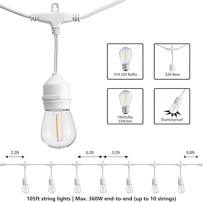 SUNTHIN 105FT Outdoor White String Light with 34 1W LED Shatterproof Filament Bulb for Patio Lights, Backyard, Porch, Party Lights