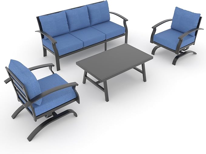 Aluminum Outdoor Patio Furniture Set,4 Pieces 5 Seats Patio Conversation Sets with 45" Propane Fire Pit Table,Metal Patio Sectional Furniture Set with 2 Swivel Rocking Chairs,Navy Blue