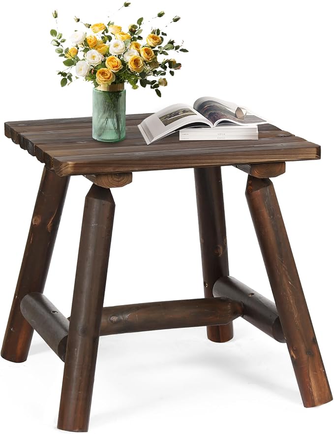Outdoor Adirondack Log Side Table, 19.5" Thick Wooden Patio Square End Table with Slatted Tabletop, Solid Wood Rustic Accent Table for Indoor & Garden Deck Porch Balcony Backyard, Carbonized