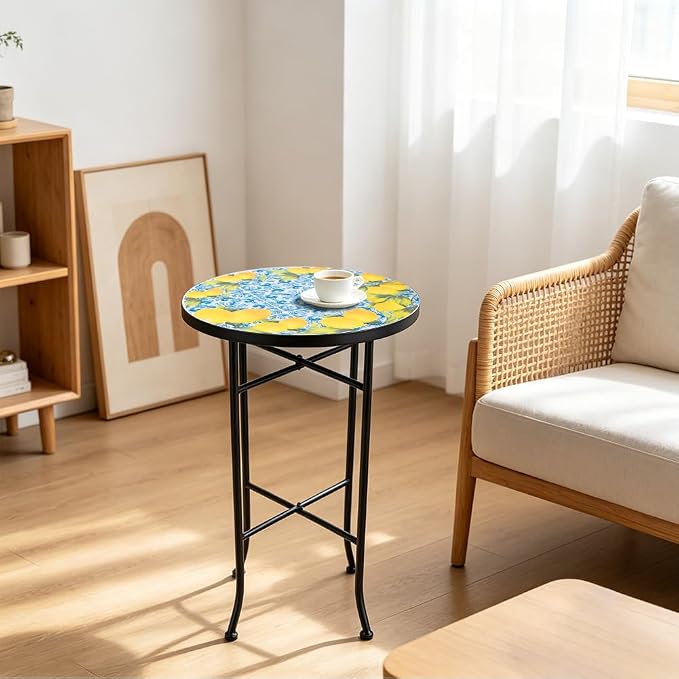 14 Inch Mosaic Patio Side Table with X-Straight Legs, Indoor Outdoor Accent Round End Table with Ceramic Tile Tops for Yard, Garden, Living Room, Bistro, A - Lemon & Blue Tile