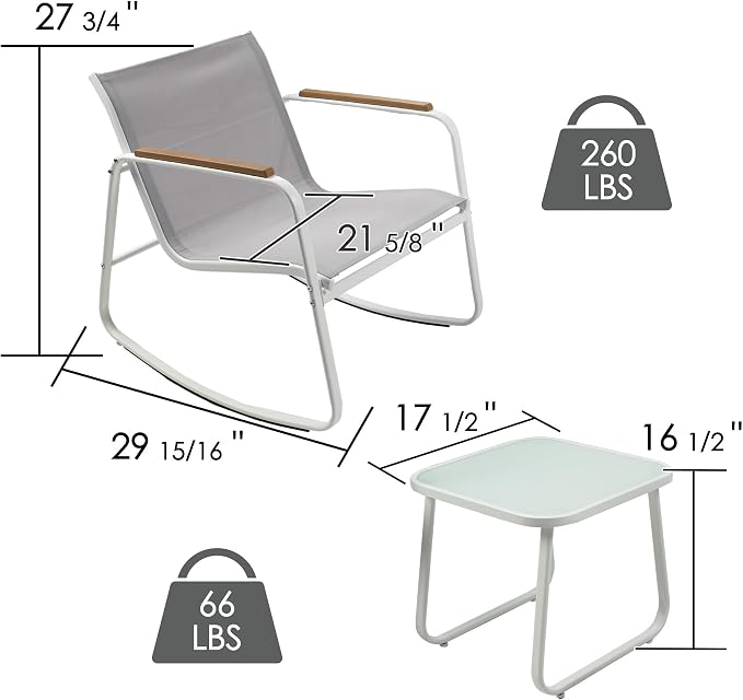 Kozyard 3-Piece Rocking Chair Set, Outdoor Rocking Textilene Bistro Set with Wooden Armrests, Outdoor Conversation Set with Glass Table for Lawn, Porch, Yard, Garden, Balcony, Poolside, White