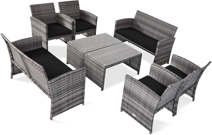 Outdoor Conversation Set, 8 Pieces Wicker Patio Furniture Set with Ergonomic Curved Design, Patio Chair Set with Water-Resistant Cushion & Tempered Glass Table for Balcony,Porch (Black)
