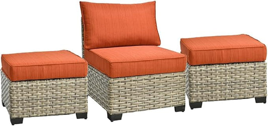 HOOOWOOO Outdoor Sectional Patio Furniture Set,3 Pieces Set with 1 Armless Wicker Chair and 2 Ottomans,Extra Deep Out Door Sofa Outside Furniture,Brick Red