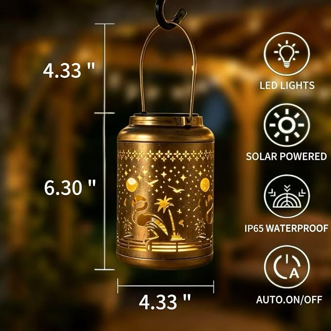 Flamingo Solar Lanterns Outdoor Waterproof Garden Decor Hanging Solar Lights Metal Solar Decoration Outside for Yard, Patio, Backyard, Porch