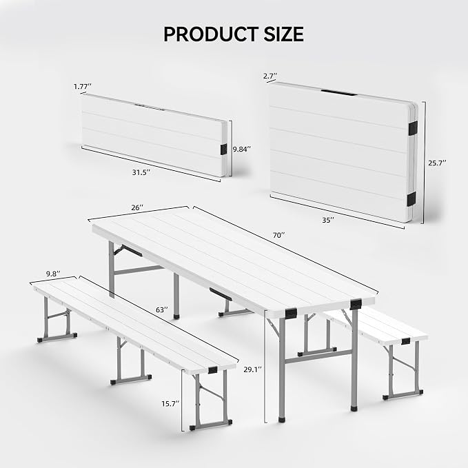 6FT All-in-One Folding Table and Chair Set, Seats 6-8, Chairs Store Inside to Form Carrying Case, Heavy Duty HDPE & Steel, Portable Space-Saving for Outdoor, Party, Camping, Picnic, White