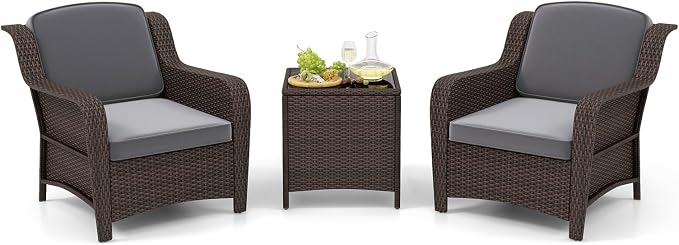 Tangkula 3 Pieces Outdoor Patio Furniture Set, Patiojoy PE Rattan Wicker Chairs with Cushions and Tempered Glass Coffee Table, Outdoor Wicker Conversation Bistro Set for Porch, Balcony, Garden (Gray)