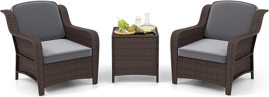 Tangkula 3 Pieces Outdoor Patio Furniture Set, Patiojoy PE Rattan Wicker Chairs with Cushions and Tempered Glass Coffee Table, Outdoor Wicker Conversation Bistro Set for Porch, Balcony, Garden (Gray)