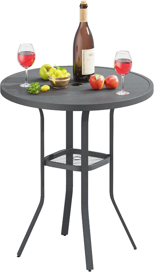 VICLLAX Outdoor Bar Table, 35.4" Wide Round Patio Bar-Height Table Weather Resistant Metal Slatted Tabletop with Umbrella Hole for Front Porch Deck, Backyard, Dark Grey