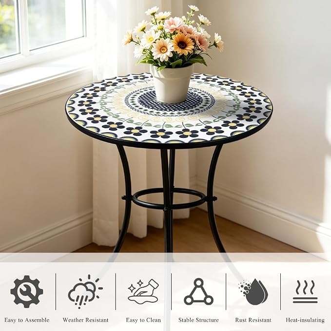 24 Inch Mosaic Patio Round Side Table with Ring Curved Legs Indoor and Outdoor Accent End Table for Yard, Garden, Living Room, Bistro, A - Black Floral